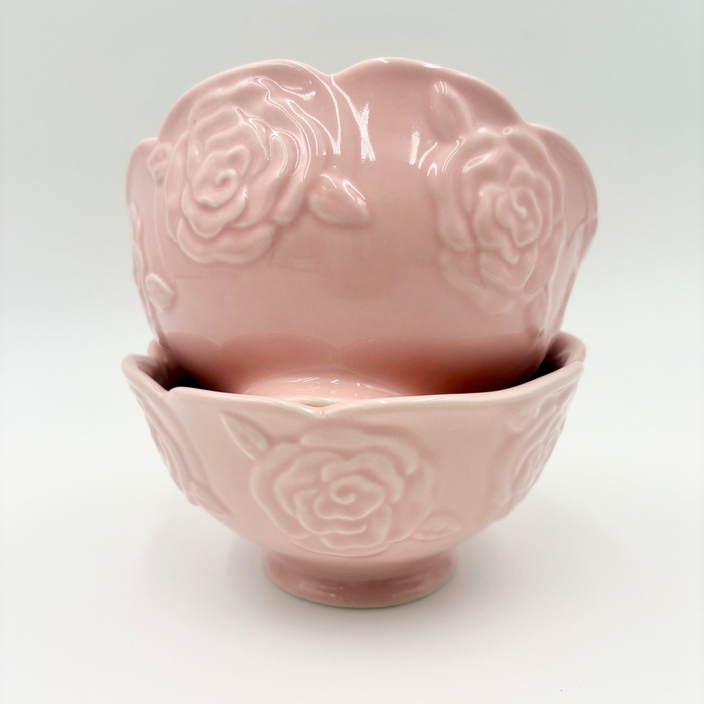 Potter's Studio Pink Rose Embossed Scalloped Ceramic Bowls Set of 2 Footed